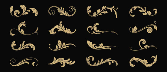 Gold Vintage Filigree Ornament Collection, Luxury Baroque Floral Flourish Decoration Elements, Elegant Golden Decorative Vector Set for Invitations, Branding, Packaging, and Design