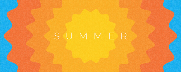 Abstract minimal summer horizontal poster, cover, banner, card with bright sun in the blue sky and modern typography. Summer holidays, journey, vacation travel illustration. Promo ads design template