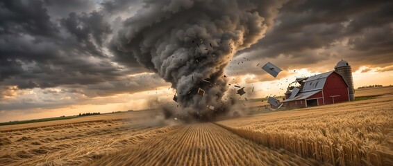 Massive dark tornado destroying a red barn in a rural landscape. Severe wind storm tearing through a golden wheat field with flying debris. Extreme weather and natural disaster concept