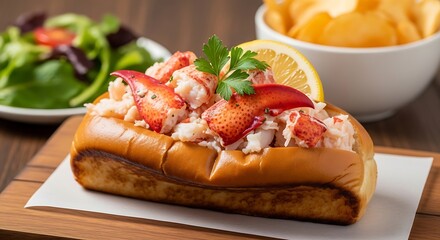 Delicious lobster roll with fresh lemon slice, potato chips and fresh salad