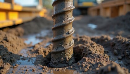 Screw pile being drilled into wet soil for foundation. Heavy equipment operates on construction site. Earthwork process for building support.