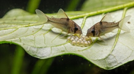 Pair of Corydoras Catfish Breeding and Tending to Eggs on a Green Leaf Underwater