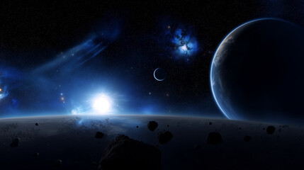 Deep space panorama with planets, moon, asteroid field and bright blue star flare, cinematic sci fi astronomy scene with cosmic dust, planetary horizon and vast universe background