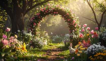 Enchanting fairytale garden with a beautiful floral archway surrounded by colorful blooming spring flowers and a cute white bunny rabbit.