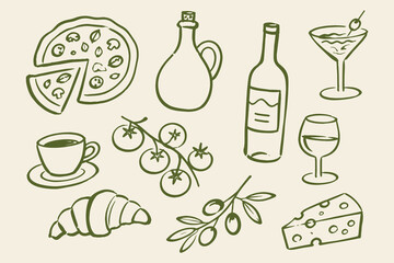 Italian food and drink set naive sketch vector illustration