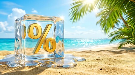 Golden percentage symbol frozen inside melting ice cube on sunny tropical beach representing interest rate and financial cooling concept