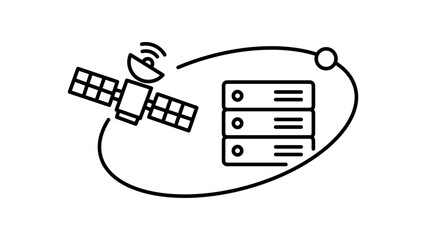 Space Computing and Satellite Data Storage Editable Stroke Vector Icon. Minimalist black line illustration of a satellite orbiting a server stack, representing cloud technology and global networks.
