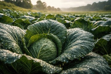 High detail shot showing wild cabbage leaves wet from rain in a farm landscape isolated
