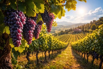 Scenic vineyard landscape with ripe grape clusters under a sunny sky