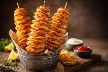Crispy helical Tornado Potato skewers presented with copy space for graphic
