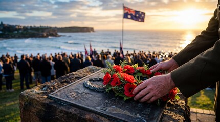 Man in military uniform placing red poppy wreath on stone memorial plaque. Remembrance ceremony honoring fallen soldiers on Anzac Day