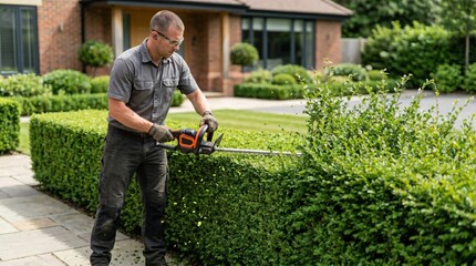 Hedge trimming garden maintenance scene with electric trimmer shaping straight clean edge on lush green hedge, flying clippings, precise landscaping work, residential property care concept.