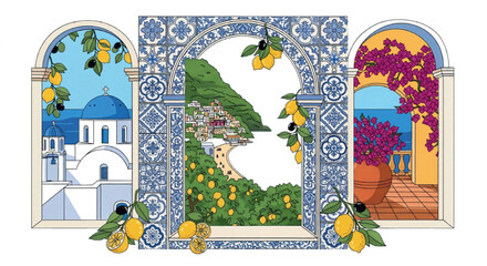Mediterranean window view vector, coastal landscape with lemon trees and blue tiles, summer vacation scenery with greek church and seaside village isolated PNG with Transparent Background