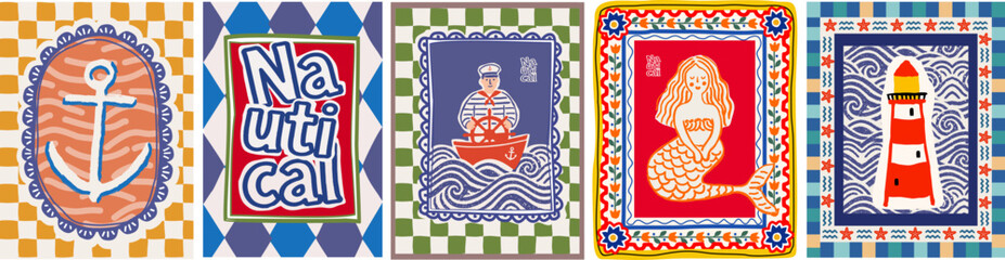 Sea and nautical summer posters and frame for interior wall. Vector naive folk illustrations of an anchor, little mermaid, sailor, lighthouse, waves, coastal marine print, travel for card, postcard