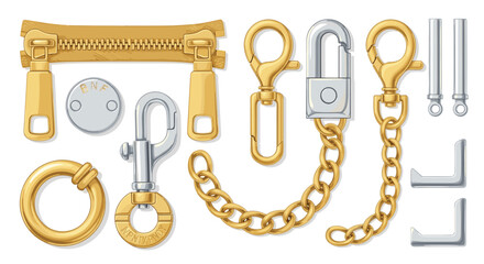  Bag and Jewelry Hardware Accessory Set with Gold Zipper, Clasps, Chain, Padlock, and Rings for Fashion and Leather Goods Designs Bag and Jewelry Hardware Accessory Set with Gold Zipper, Clasps, 