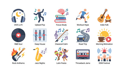 Music icons showing playlists genres and listening activities in grid