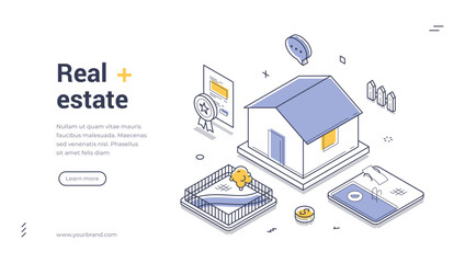 Real estate isometric web banner. Property investment and mortgage service concept. Modern landing page template vector illustration for home ownership and agency business website