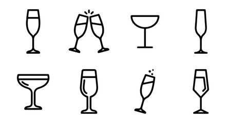 Collection of various wine and champagne glasses icons in line art style