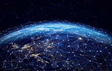 Digital connections around the world. Planet Earth at night with glowing network lines representing global communication, data transfer, and worldwide internet connectivity in space. Europe at night.