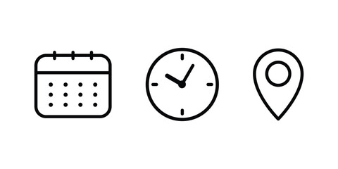 Date, time, location address icon set. Clock, calendar and location icon. Useful date and address details for navigation symbol. Vector illustration