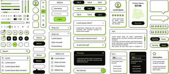 Minimalist flat outline web UI elements, buttons, sliders and icons. Funky line interface panels with accent color drop shadow for mobile app or website, web forms and search bar templates vector set