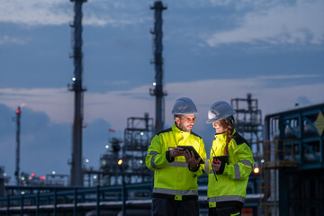 Two petroleum engineers team male and female hold tablet discussing and monitoring data for maintenance during night shift at oil refinery plant engineering teamwork industrial energy operation.