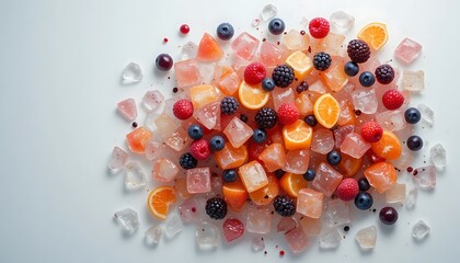 Assortment of fresh fruits including citrus slices, berries, and red currants arranged with colorful ice cubes