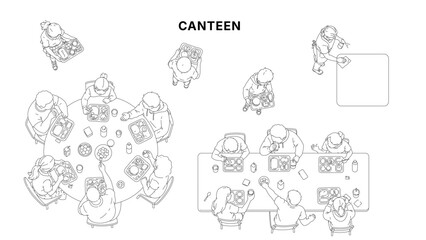 Top view architectural drawing of canteen scene with people eating at tables, food trays and dining layout, clean minimal line illustration for cafeteria floor plan use