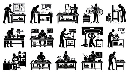 Black White Glyph Icons Set of Craftsmen Tradesmen Working in Workshops