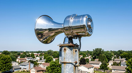 Vintage Tornado Siren Warning Device Mounted Outdoors Against a Clear Blue Sky and Suburban Landscape