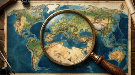 A magnifying glass lies on a vintage world map surrounded by antique items.