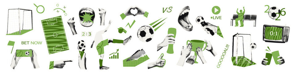 Football halftone art collage cut outs set. Fun soccer world cup stickers with vintage dot texture and doodles. Modern retro grunge mixed media vector illustration isolated on transparent background