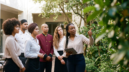 Diverse hospitality operations team having an outdoor meeting. Female manager with a tablet instructing hotel staff including a chef, bellhop, and waitstaff. Teamwork and leadership concept