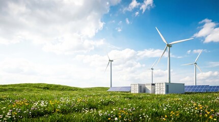 Renewable Energy Landscape for Sustainability with Wind Turbines and Solar Panels at right side Blue Sky Background Copy Space 