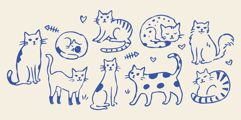 Cat set naive blue sketch pattern vector