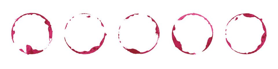 Wine glass stains set. Red circular wine rings and splashes on white background. Realistic beverage marks collection for bar or restaurant design, menu decoration. Texture vintage vector illustration.