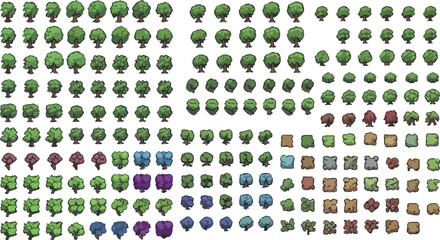 Pixel art tree collection for game design, isometric nature assets set, 2D forest environment sprites, green and purple foliage vector elements
