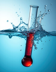 Thermometer plunged into water shows high heat. Red liquid rises indicating hot temperature. Water splashes around glass tube. Scientific experiment measuring warmth.