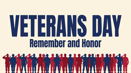 Veterans Day commemorative illustration featuring rows of saluting soldier silhouettes in red and blue with honorary text on a cream background.