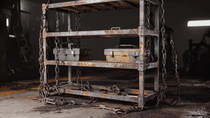 Heavily rusted industrial metal shelving rack chained in a dimly lit abandoned warehouse setting, symbolizing decay and grunge.
