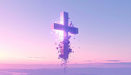 Abstract geometric cross floating in sky with digital particles and sunlight