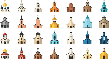 Colorful Church and Religious Architecture Icon Set with Domes, Steeples, and Crosses for Spiritual, Worship, and Religious Designs
