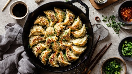 Chinese traditional lunar new year Spring Festival celebration in Asia. A topdown view of a cast iron skillet filled with steamed dumplings, sesame seeds, and green onions.