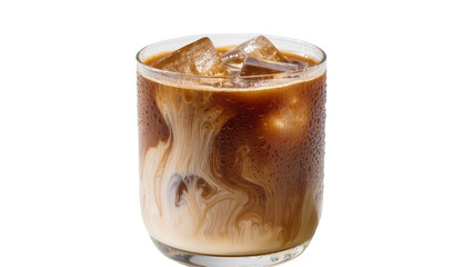 Iced coffee with cream swirls and ice cubes in a glass, isolated on transparent background