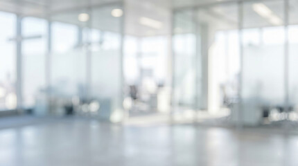 bright abstract defocused interior of modern contemporary corporate office building featuring glass partition walls empty desks and natural sunlight creating clean business background