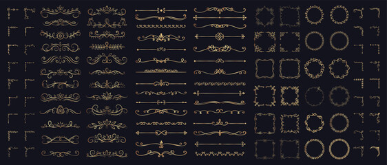 Golden calligraphic frame set with filigree corners and decorative scrolls on black background. Vintage vector ornate dividers, ornament wreaths, floral frames, border corners with linear flourishes