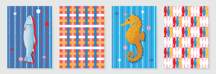 Cute marine animal poster and pattern set vector. Hand drawn fish, seahorse, coral and colorful plaid background design for video template, banner, ocean ads.