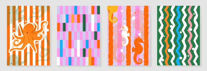 Colorful summer sea life poster set vector. Hand drawn octopus, abstract stripes, seahorse and wave pattern background design for video template, banner, beach ads.
