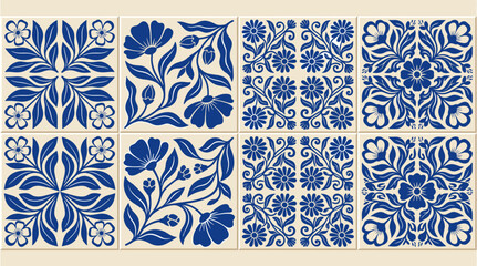 Portuguese ceramic tile pattern with blue floral ornaments on beige background traditional mediterranean artwork.