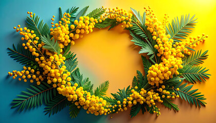 Circular floral wreath made of yellow mimosa flowers and green pine needles, framed against a gradient blue and yellow background, symbolizing spring and nature